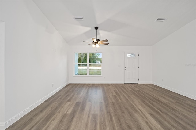 unfurnished living room featuring ceiling fan and hardwood / wood-style floors