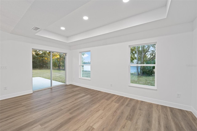 unfurnished room featuring a raised ceiling and light hardwood / wood-style floors