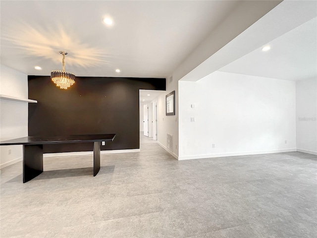 interior space featuring an inviting chandelier, visible vents, baseboards, and recessed lighting