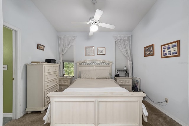 bedroom with ceiling fan and light colored carpet