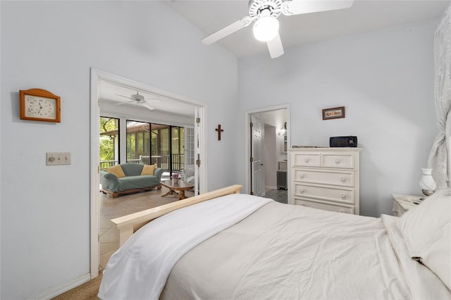 bedroom featuring ceiling fan, carpet, and access to outside