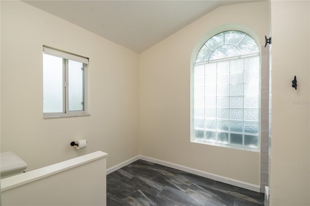 2260 NW 51st Ter, Ocala, FL 34482 - empty room featuring plenty of natural light, vaulted ceiling, baseboards, and dark stone finish floors