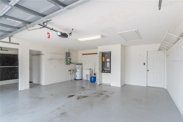 garage with electric water heater, electric panel, and a garage door opener