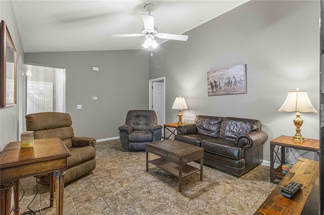 tiled living room featuring high vaulted ceiling and ceiling fan