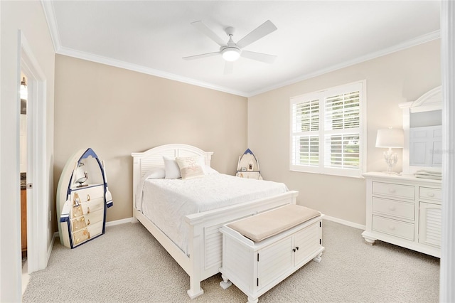 bedroom with ceiling fan, crown molding, and light colored carpet