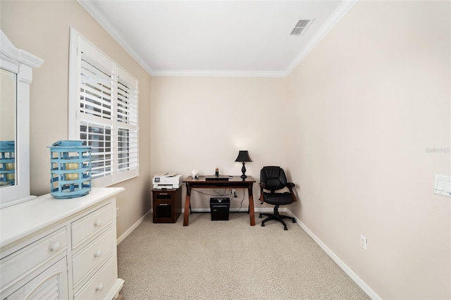 carpeted office space with ornamental molding