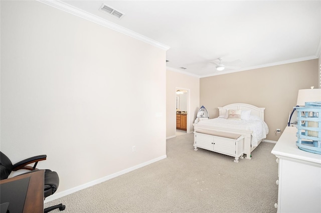 bedroom featuring light carpet, ceiling fan, and crown molding