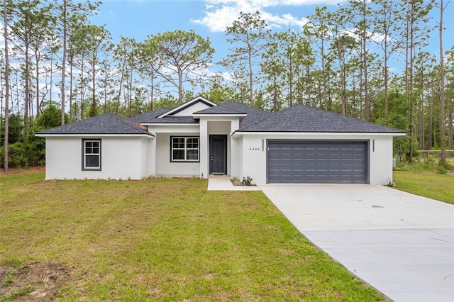 4444 SW 118th Ter, Ocala, FL 34481 - view of front of house featuring stucco siding, an attached garage, concrete driveway, a shingled roof, and a front yard