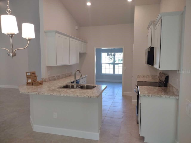 kitchen with kitchen peninsula, stainless steel electric range, pendant lighting, white cabinets, and sink