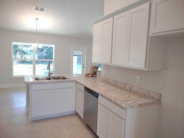 kitchen with white cabinets, stainless steel dishwasher, kitchen peninsula, and sink