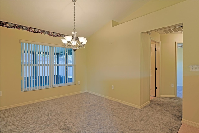 carpeted spare room with lofted ceiling and an inviting chandelier