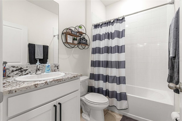 full bathroom with toilet, shower / bath combo, and vanity