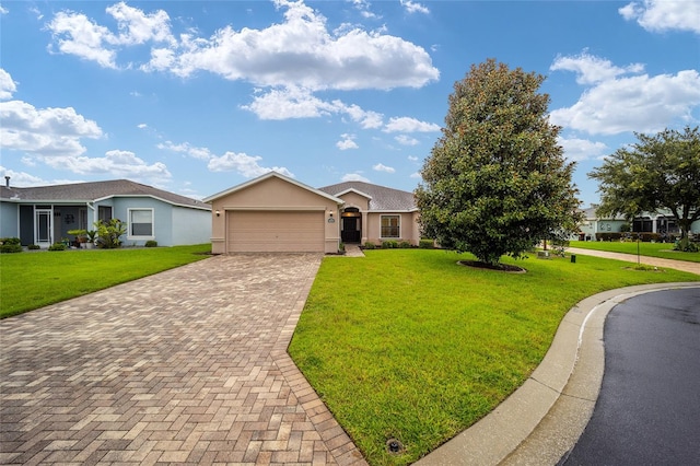 ranch-style house with a garage and a front lawn