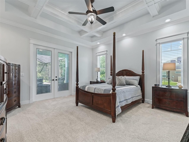 bedroom featuring beam ceiling, light colored carpet, and coffered ceiling