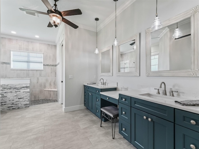 bathroom featuring tile patterned floors, ceiling fan, dual bowl vanity, and crown molding