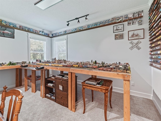 home office with track lighting, carpet, ornamental molding, and a textured ceiling