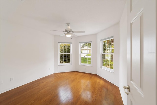 spare room with wood-type flooring and ceiling fan