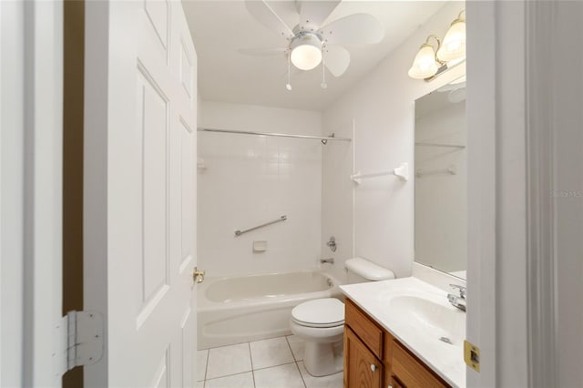 full bathroom featuring ceiling fan, tile patterned flooring, vanity, shower / bathing tub combination, and toilet