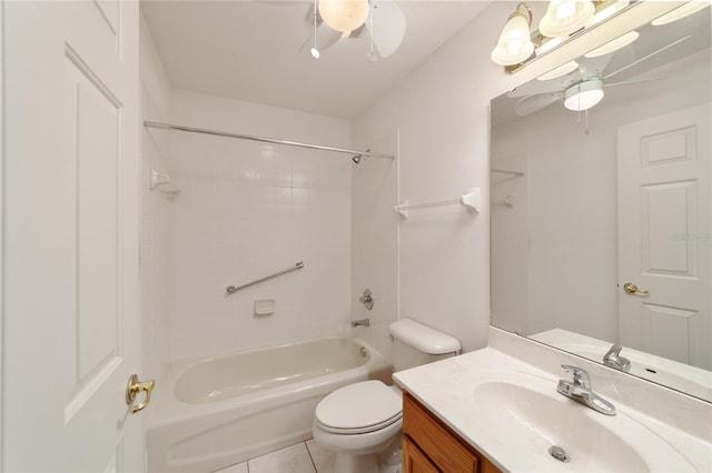 full bathroom with bathing tub / shower combination, tile patterned floors, ceiling fan, and toilet