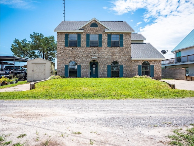 view of front of home featuring a front lawn and a storage unit