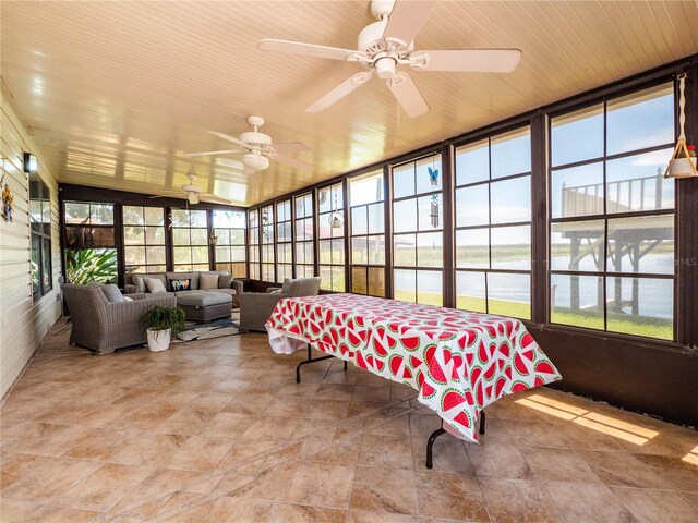 sunroom with plenty of natural light, a water view, and wooden ceiling