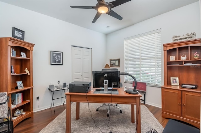 office area with ceiling fan and dark hardwood / wood-style flooring