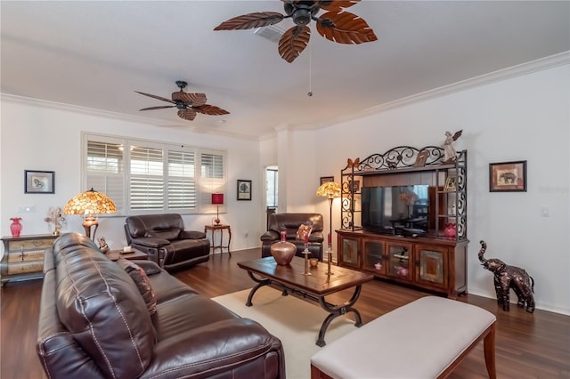 living room with ceiling fan, dark hardwood / wood-style floors, and crown molding