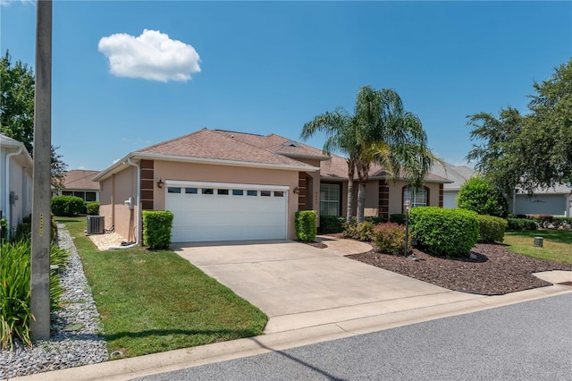 single story home featuring a front yard, a garage, and cooling unit