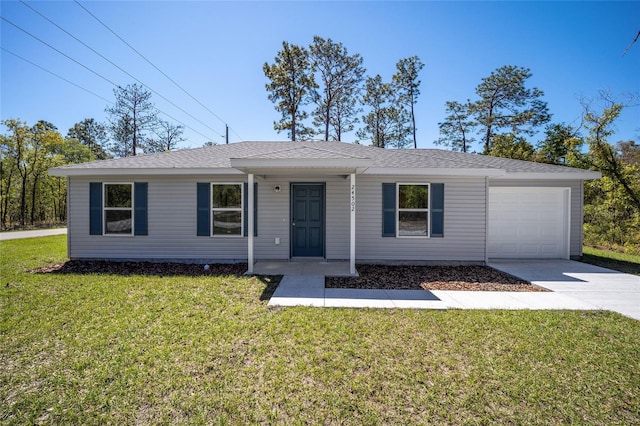 single story home featuring a garage, driveway, a front lawn, and roof with shingles