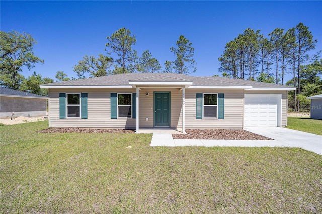 single story home with driveway, a front lawn, roof with shingles, and an attached garage