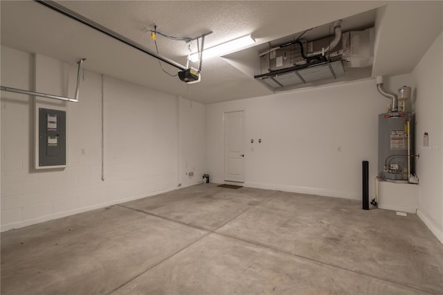 garage with electric panel, a garage door opener, and water heater