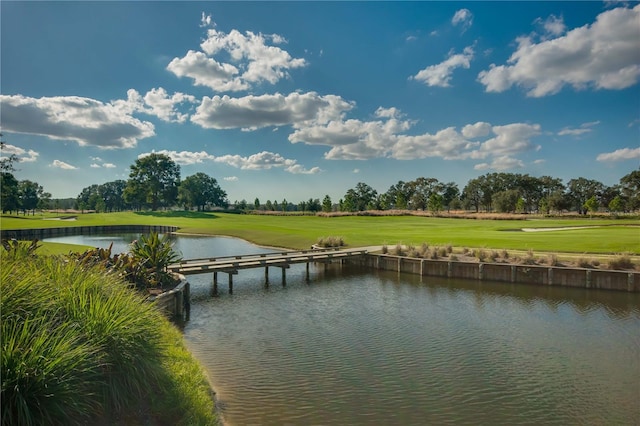 dock area featuring a water view and a lawn