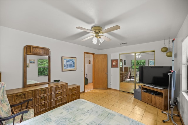 tiled bedroom with multiple windows, a closet, and ceiling fan