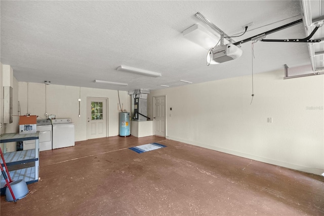 garage with electric water heater, a garage door opener, washer and clothes dryer, and heating unit