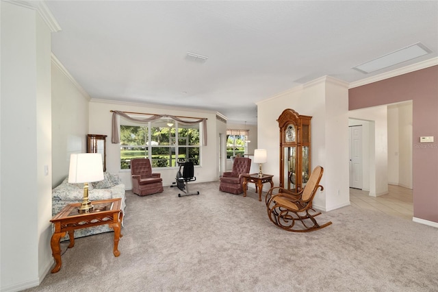 carpeted living room featuring ornamental molding