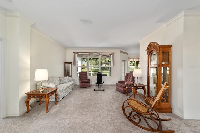 living room with carpet and ornamental molding