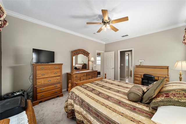 bedroom with ceiling fan, light colored carpet, and ornamental molding