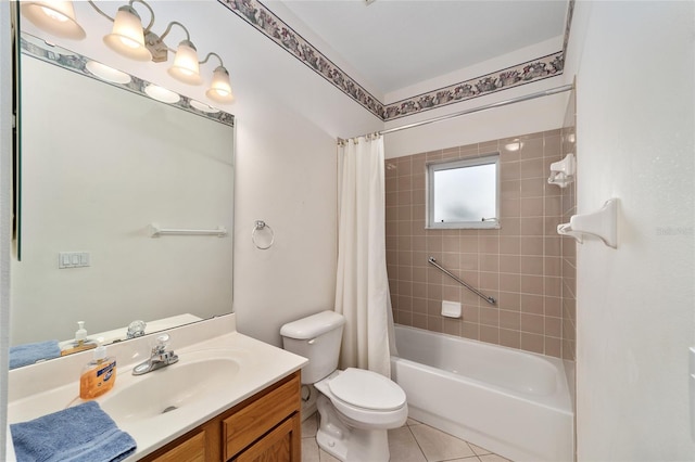 full bathroom featuring toilet, vanity, shower / bath combo, and tile patterned flooring