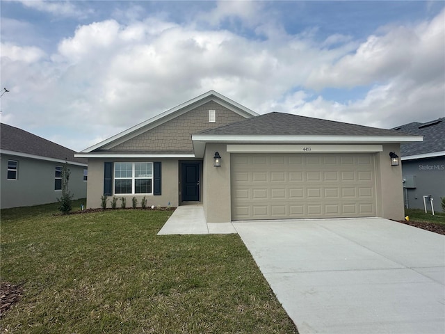 ranch-style home with a front yard, driveway, a shingled roof, stucco siding, and a garage