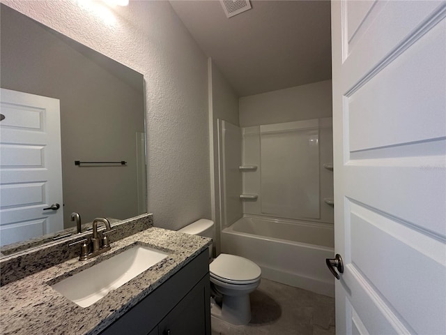 full bath featuring visible vents, toilet, bathing tub / shower combination, a textured wall, and vanity