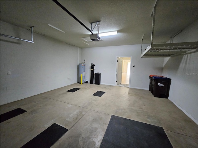 garage with electric water heater and a garage door opener