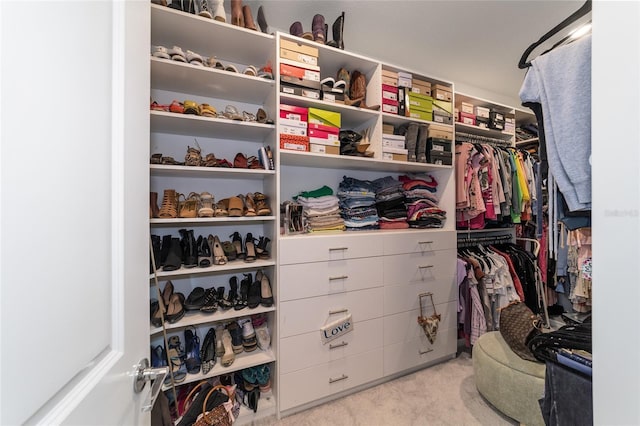 walk in closet with light colored carpet