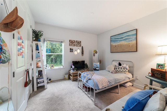 bedroom with light carpet