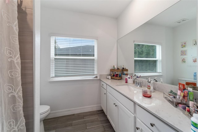 bathroom with toilet, a wealth of natural light, and vanity