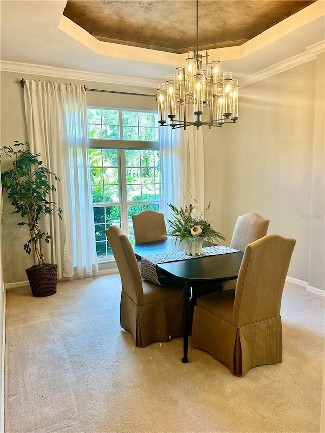 dining area featuring ornamental molding, a tray ceiling, carpet, and baseboards