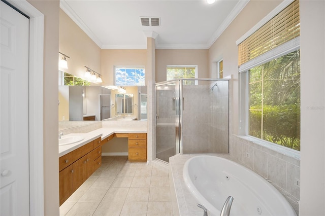 bathroom featuring vanity, visible vents, ornamental molding, a jetted tub, and a stall shower