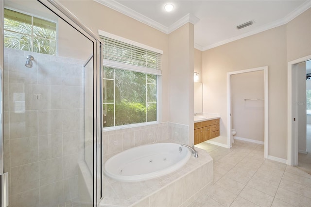 bathroom featuring a whirlpool tub, a stall shower, vanity, and crown molding