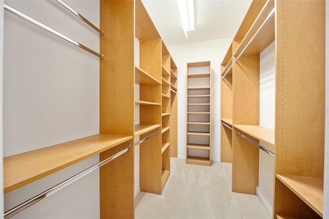 walk in closet featuring light colored carpet and built in desk