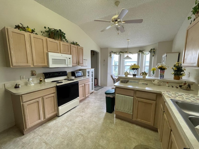 kitchen featuring light brown cabinetry, white appliances, a textured ceiling, light tile patterned flooring, and ceiling fan