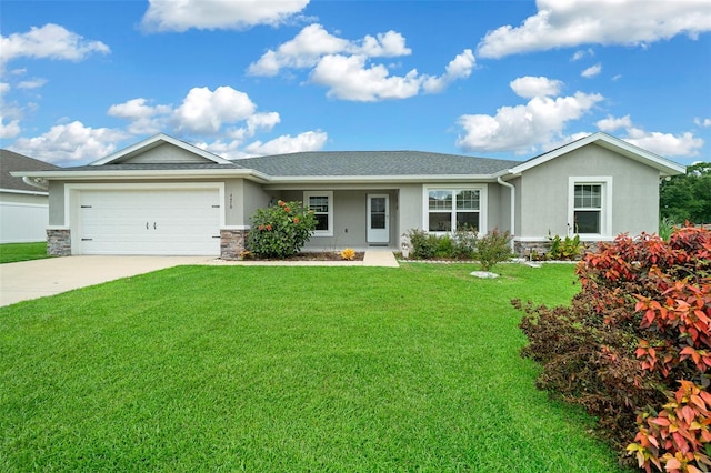 ranch-style home with a garage and a front yard